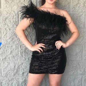 Little Black dress, one shoulder with feathers, sz 8